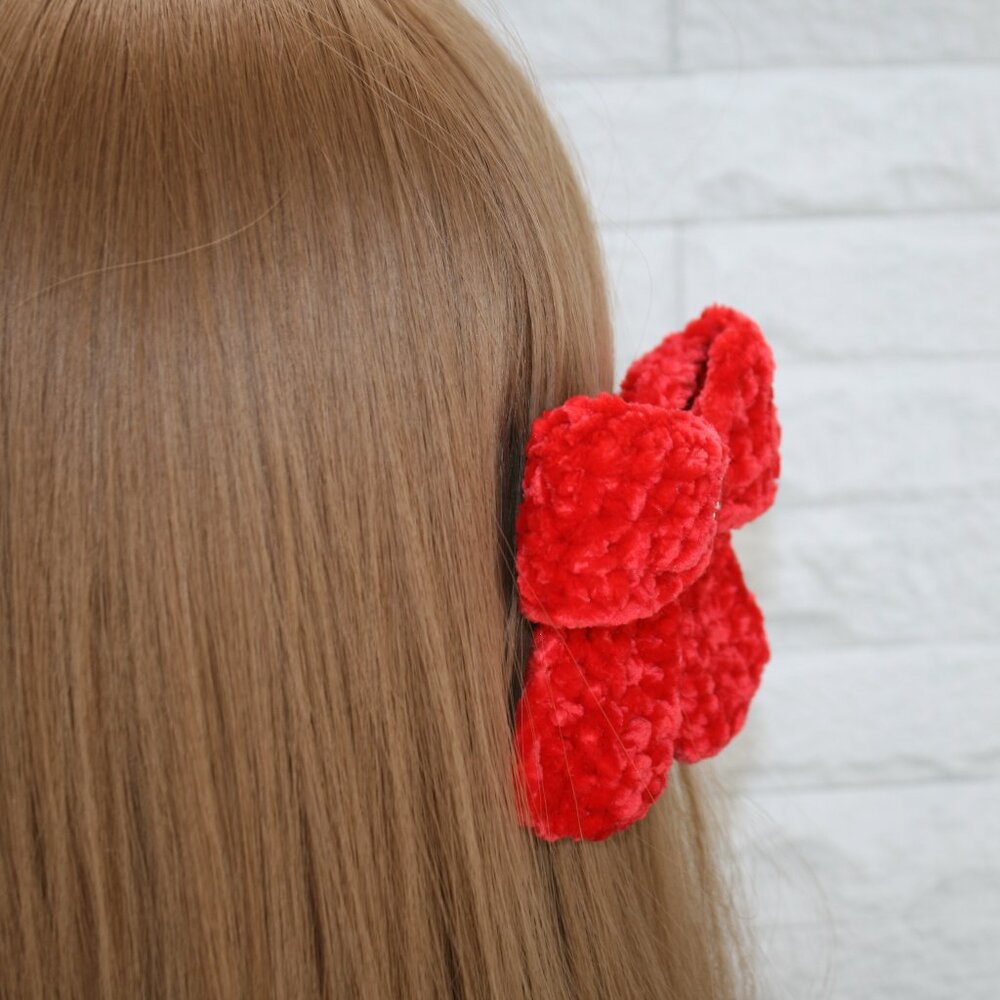 HAND CRAFTED Crochet Bow Chenille Velvet Hair Barrette Oversized Bling Red - Picture 2 of 14